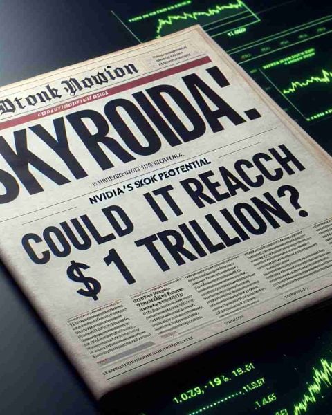 Realistic, high-quality image of a newspaper headline or online article's title that reads: 'Nvidia's Skyrocket Potential! Could It Reach $1 Trillion?' The text should appear bold and striking, suggesting the significance of the content. A backdrop relevant to the topic, such as technological graphics or the stock market's fluctuation chart, would enhance the image's context.