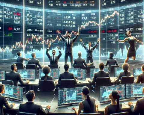 Realistic, high-definition image of a metaphorical representation of explosive initial public offering (IPO) action in Hong Kong. Depict a trading floor with six diverse and gender balanced traders (3 male traders - one Caucasian, one Hispanic, one South Asian and 3 female traders - one Black, one Middle-Eastern, one White) exuding excitement. On large screens, present graphs and data indicating skyrocketing stocks of six different companies, emphasizing the concept of a shakeup in the market.