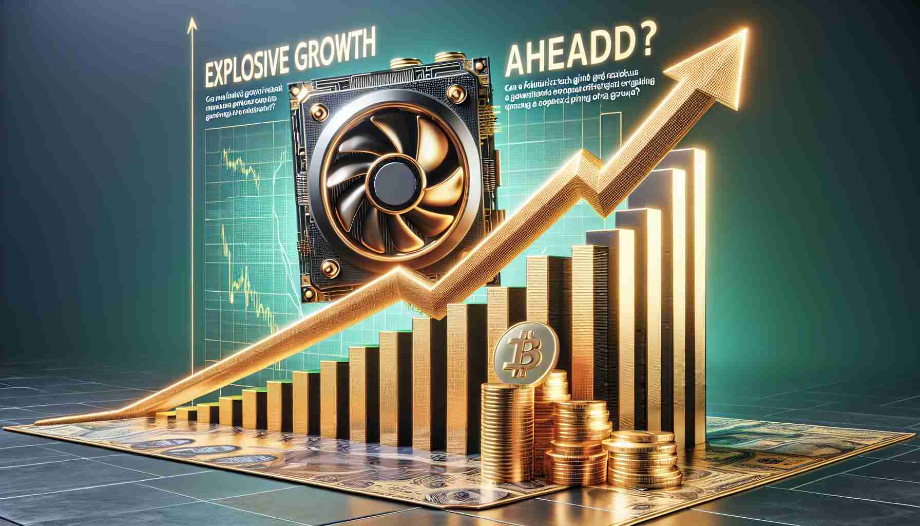 A high-definition, realistic image of a conceptual representation for explosive growth ahead, focusing on the futuristic technology sector. Picture a massive upward trending graph chart, symbolizing monumental financial growth, accompanied by big letters in bold that read 'Explosive Growth Ahead!' Alongside, imagine a stack of gold coins emblazoned with a low poly model of a GPU, indicating its connection with the technology and graphics industry. Supplementary headline at the bottom of the image that reads 'Can a Futuristic Tech Giant Reach $10 Trillion?'