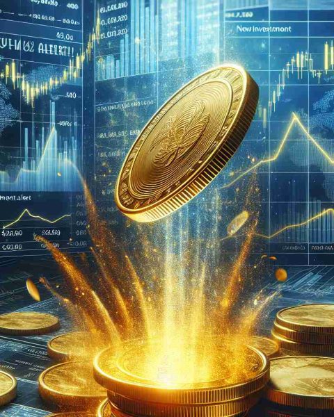 Generate a high-definition, realistic image of a shiny, golden coin mid-air against a backdrop of financial charts forecasting booming success. Superimpose text over the image that reads: 'New Investment Alert! Are You Ready to Toss The Coin?'