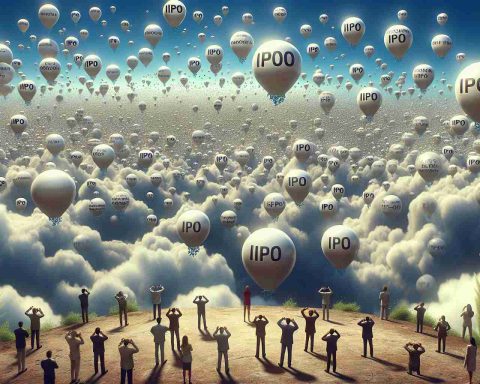 A high-definition, realistic illustration conceptualizing the influence of the IPO boom: A sky filled with numerous labelled bubbles, each representing a different start-up, floating upwards. Some bubbles are significantly larger, symbolizing the new tech giants going public. Tiny individuals on the ground below are observing the scene, some with binoculars, some with trepidation, and others with excitement. Use symbolism to suggest speculative investing and potential risk.