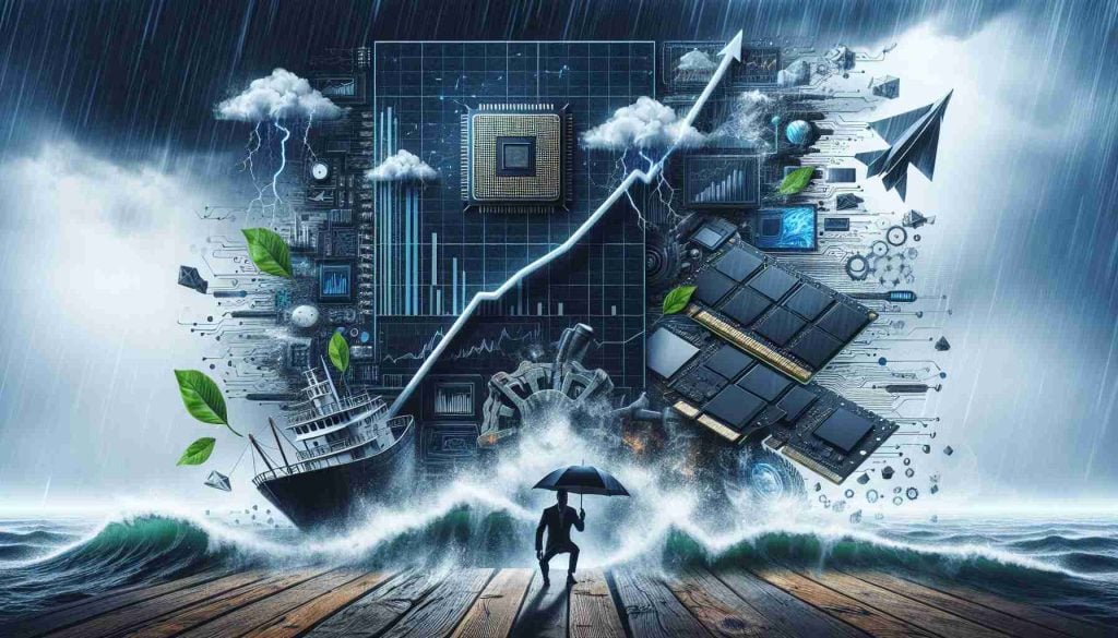 Create a high-definition, realistic image that comunicates a difficult period for a hypothetical technology company specialized in graphics processing units. Visualize the concept of difficulty through the use of symbolic elements such as a graph showing a downward trend, a stormy weather metaphor, or items that symbolize technological hurdles.