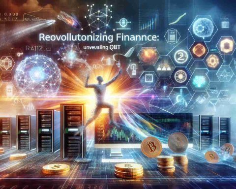 A high-definition, realistic image that portrays the concept of 'Revolutionizing Finance: Unveiling Qubt'. This includes symbols related to financial technology like computer servers, data charts, futuristic devices, quantum computing elements, and currency symbols. The scene should be energetic, symbolizing a leap forward in technology.