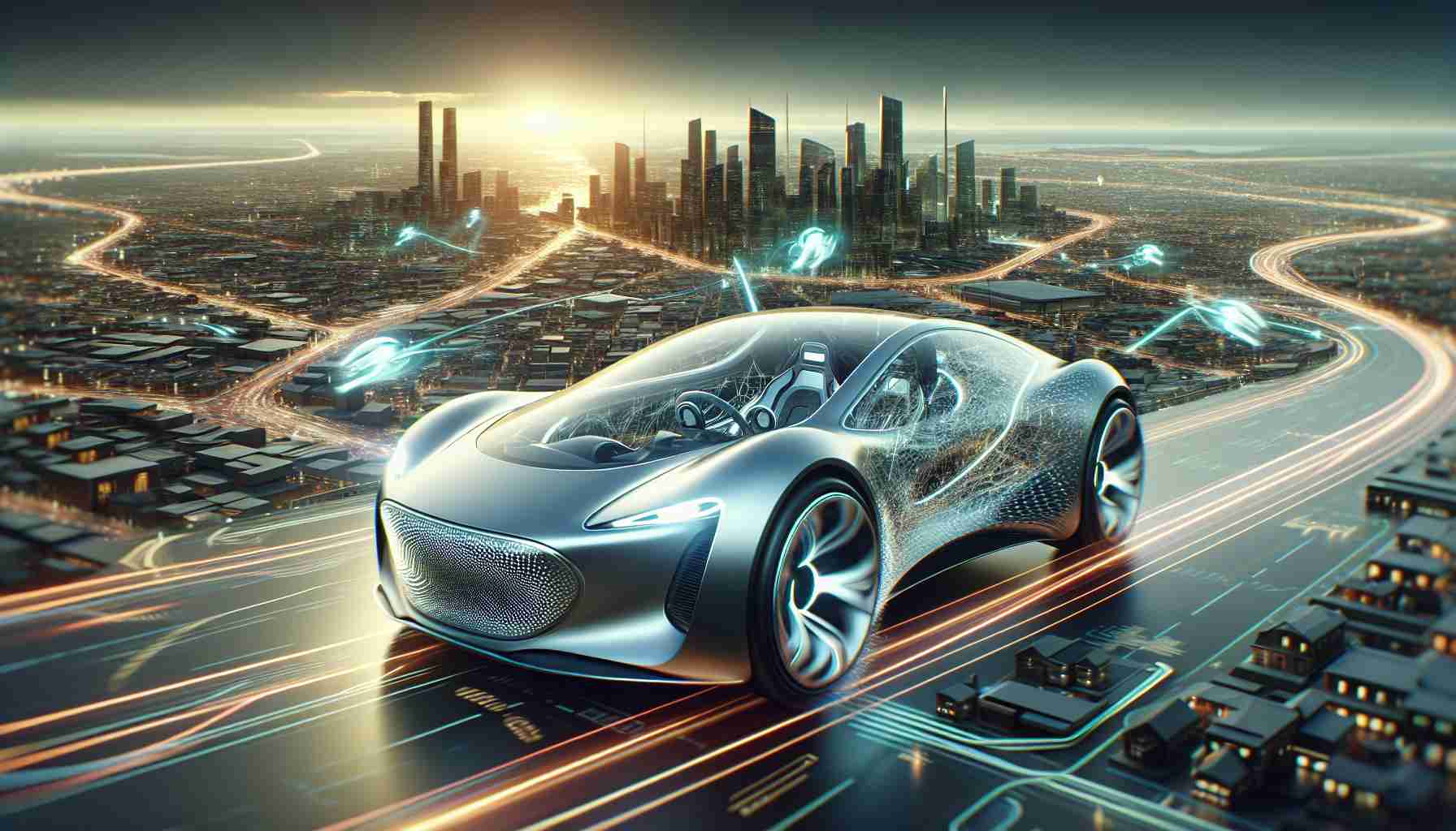 High definition, realistic image of a breakthrough electric vehicle design, as if it's made by a leading tech-based, innovative automaker. The vehicle is named 'Model Q', signifying a significant leap in technological advancement. Hypothetical scenes of upcoming technology and innovation for sustainable transport appear on the horizon, tantalizingly promising an exciting future.