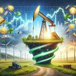 A high-definition realistic image illustrating the concept of a surprising twist. Visualize Laredo Petroleum, represented as an elegant oil derrick in the midst of an oil field, and illustrate a maybe a graph showing positive performance trend in the background. To symbolize diversification, show various kinds of investment assets like gold bars, stocks, bonds, and green energy symbols like wind turbines and solar panels emerging from its surroundings, as if joining the oil derrick's landscape.
