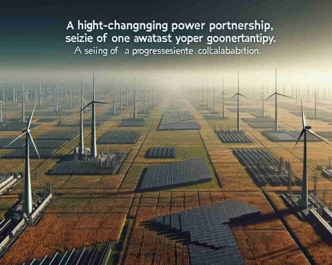 A high-definition, realistic visualization of a game-changing partnership for on-site power generation. The scene presents an immense field covered in advanced technology harnessing power from alternative sources, representing a seizing of a grand, one gigawatt opportunity. A sense of progressive collaboration can be perceived.