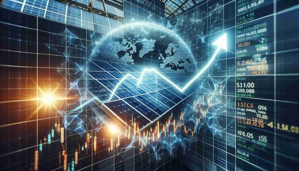 An HD photograph mimicking the energy flowing at the stock market. Display a rising graph indicative of market momentum, coupled with an intertwining image of a futuristic grid of solar panels, portraying renewable energy. Make it as if the increase in the graph is powered by the solar panels themselves, symbolising Enphase Energy's increasing influence in the market. Please add a title at the bottom of the image in bold saying 'The Rise of Renewable Energy: Investors' Perspective'. Imagery should be hyper realistic.