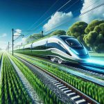 A visually striking, high-definition image depicting groundbreaking railway technology that innovatively harnesses renewable energy sources. The train is designed with futuristic aesthetics and is seen on a dynamic landscape. It's speeding along tracks that cut through verdant fields, symbolising a green energy future. The sky overhead is a bright blue, indicating a clear, pollution-free environment. Let the image also encapsulates some text saying: 'Could Railways Be the Future of Green Energy?'