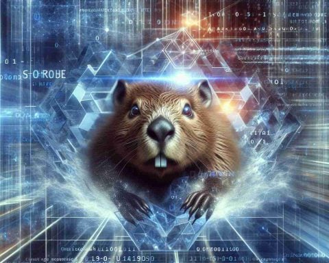 A highly detailed, realistic image of a complex quantum computing scenario. The central theme is a beaver breaking free, symbolizing a breakthrough in quantum code cracking. Capture the excitement and complexity of the scene, with digital representations of code and quantum elements surrounding the beaver. The beaver appears determined, and reflection of code in its eyes emphasizes the theme. The background fades into an abstract representation of a digital matrix, showing the immense computing capability of a quantum device.