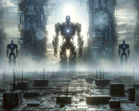 An ultra-high-definition, realistic image of a scene depicting Cyber Giants. These massive beings are formed from intricate metallic parts, their silhouettes towering in the misty horizon of a digital landscape. Their designs incorporate a blend of futuristic technology and robotic elements. Their unification becomes a symbol of technological prowess. In the foreground, an array of complex, secretive codes and encrypted patterns give an impression of a clandestine gathering.