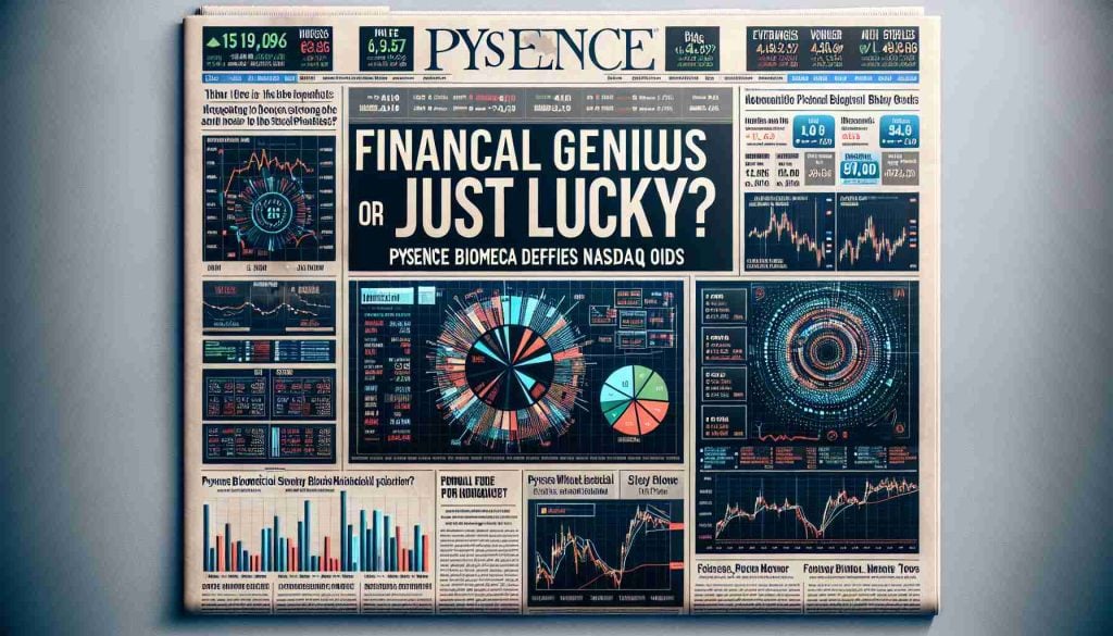 Create a high-definition, realistic image of a newspaper headline that reads: 'Financial Genius or Just Lucky? Psyence Biomedical Defies Nasdaq Odds'. The image should feature a financial newspaper page with various pie charts, line graphs, bar charts, and other financial visualization tools depicting stock market trends. There should be specific visual emphasis on the mentioned headline with bold, eye-catching typography, while the remainder of the page holds smaller headlines and stories related to other finance and stock market news.