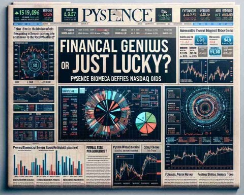 Create a high-definition, realistic image of a newspaper headline that reads: 'Financial Genius or Just Lucky? Psyence Biomedical Defies Nasdaq Odds'. The image should feature a financial newspaper page with various pie charts, line graphs, bar charts, and other financial visualization tools depicting stock market trends. There should be specific visual emphasis on the mentioned headline with bold, eye-catching typography, while the remainder of the page holds smaller headlines and stories related to other finance and stock market news.