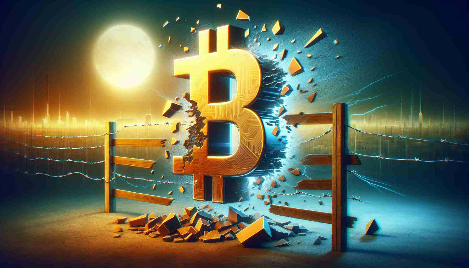 Create an image of a metaphorical representation of a cryptocurrency surge, specifically Bitcoin. Depict this concept as a physical barrier with the label '$100K' being broken or shattered, suggesting the price of Bitcoin surpassing this mark. Use a realistic and high definition style for this digital art.