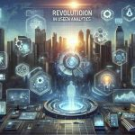 Generate a realistic HD image representing the revolution in unseen analytics, with visuals depicting the technological advancements impacting the future of the insurance industry. Include symbols that might illustrate data analysis, risk valuation, predictive modeling, machine learning algorithms, and AI-driven decisions. The scene could also feature among other elements, futuristic buildings or cityscape to symbolize the industry, modern devices like laptops or holographic interfaces, and maybe some visual representation of insurance policies.