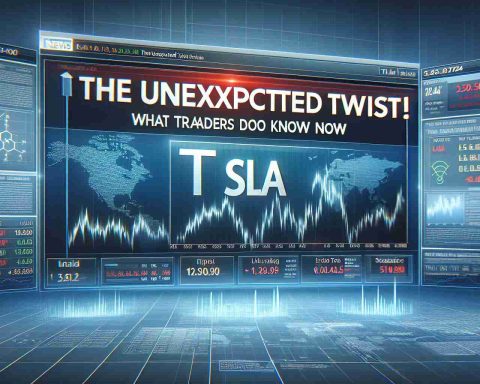 A realistic HD image portraying a dramatic twist in trading scenarios, focusing on an illustrated representation of a stock labeled as 'TSLA'. The image should evoke anticipation, showing fluctuating graphs, statistics, up-to-date digital numbers, and relevant charts. Include a prominent headline saying 'The Unexpected Twist! What Traders Need to Know Now'. The overall layout should resemble a financial news report.