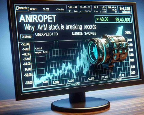 A display of a chart on a digital screen showing a sudden increase in a fictitious stock named 'Arm'. The chart is detailed and includes labels such as dates and values. An associated news headline reads, 'Unexpected Surge: Why Arm Stock is Breaking Records'. The overall atmosphere of the image conveys excitement and surprise in the stock market world.