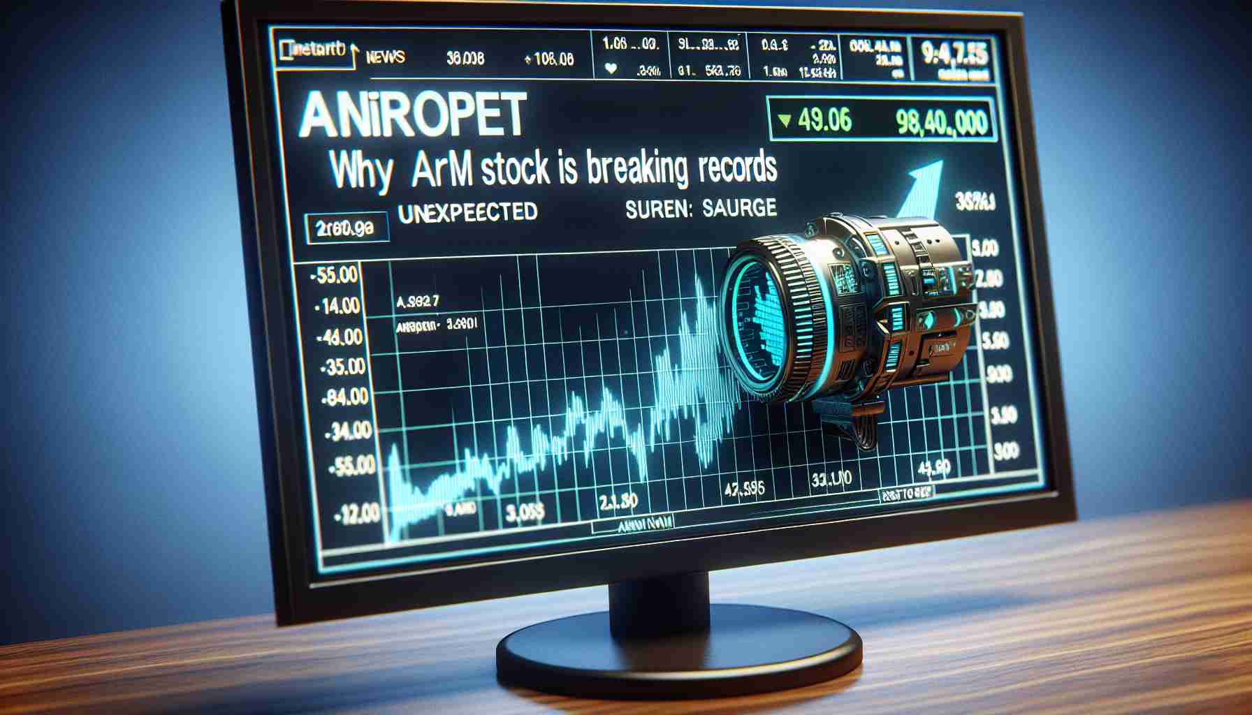 A display of a chart on a digital screen showing a sudden increase in a fictitious stock named 'Arm'. The chart is detailed and includes labels such as dates and values. An associated news headline reads, 'Unexpected Surge: Why Arm Stock is Breaking Records'. The overall atmosphere of the image conveys excitement and surprise in the stock market world.