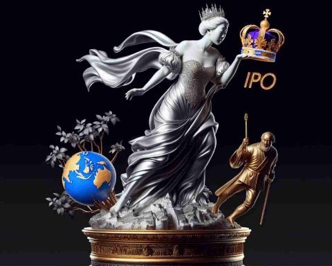 Hyper-realistic, high-definition illustration of a symbolic representation of Asia, embodied as a noble figure, gracefully lifting a bejeweled crown, signifying the IPO market. In stark contrast, the United Kingdom is depicted as a challengingly distant figure lagging substantially.