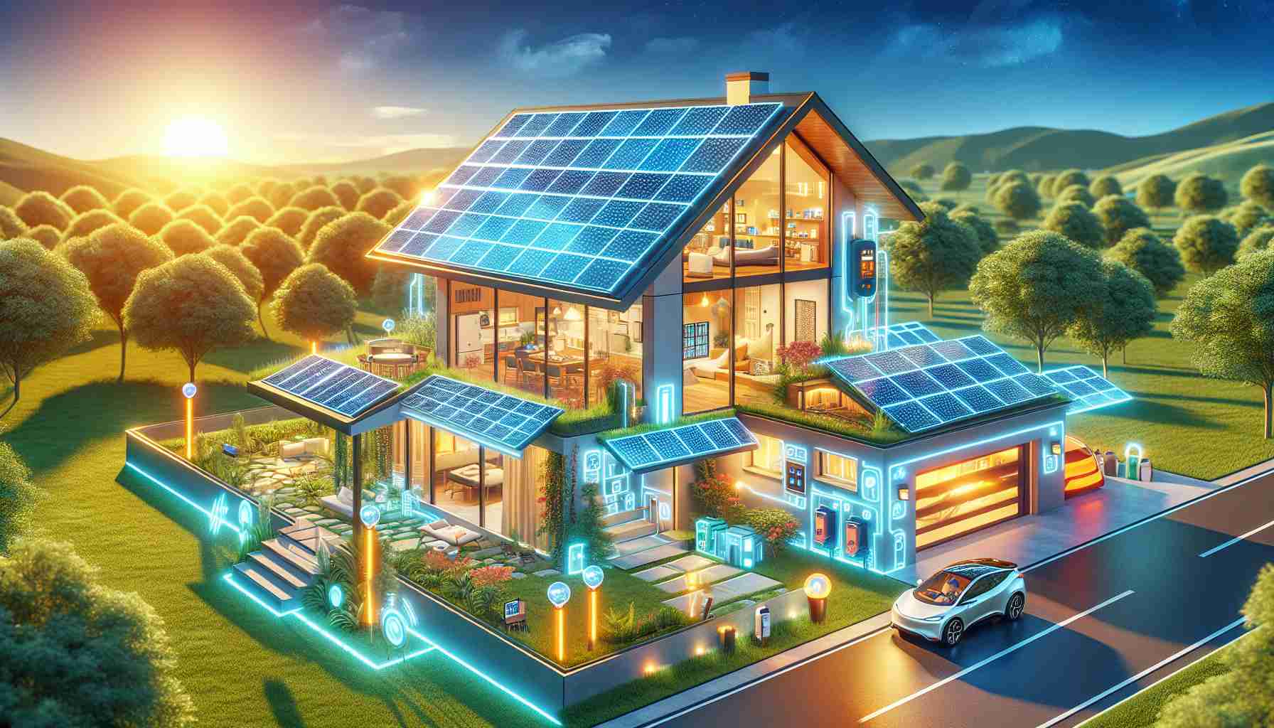 An illustrative representation of the concept of home energy future, potentially held by Sunrun. The scene should depict a modern house furnished with solar panels on its roof, glowing energetically under the bright sun. The home should appear to be efficiently functioning with various electronics like LED lights, electric cars in the driveway, and etc., symbolising the untapped benefits. The landscape should be pristine and green, representing the better environmental impact. The image should be of high-resolution and realistic, using vivid, bright colors and sharp details.