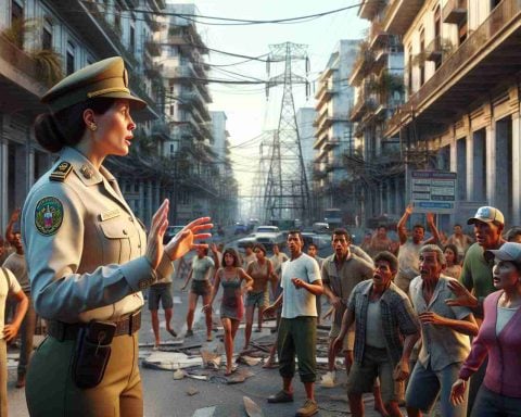 An incredibly detailed and realistic high definition image showing the energy crisis in Cuba. The scene depicts a public officer, of Hispanic descent and female gender, giving unexpected advice in the middle of a chaotic environment. People around are reacting with surprise and disbelief. The location is a bustling city with energy infrastructure visible in the backdrop, depicting the crisis vividly.