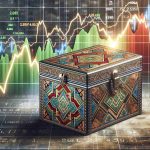 An HD quality, realistic image of a large, mysterious secret box covered with exotic patterns from the Middle East. In the background, there are symbolic representations of a fluctuating stock market with shaking graphs and numbers.