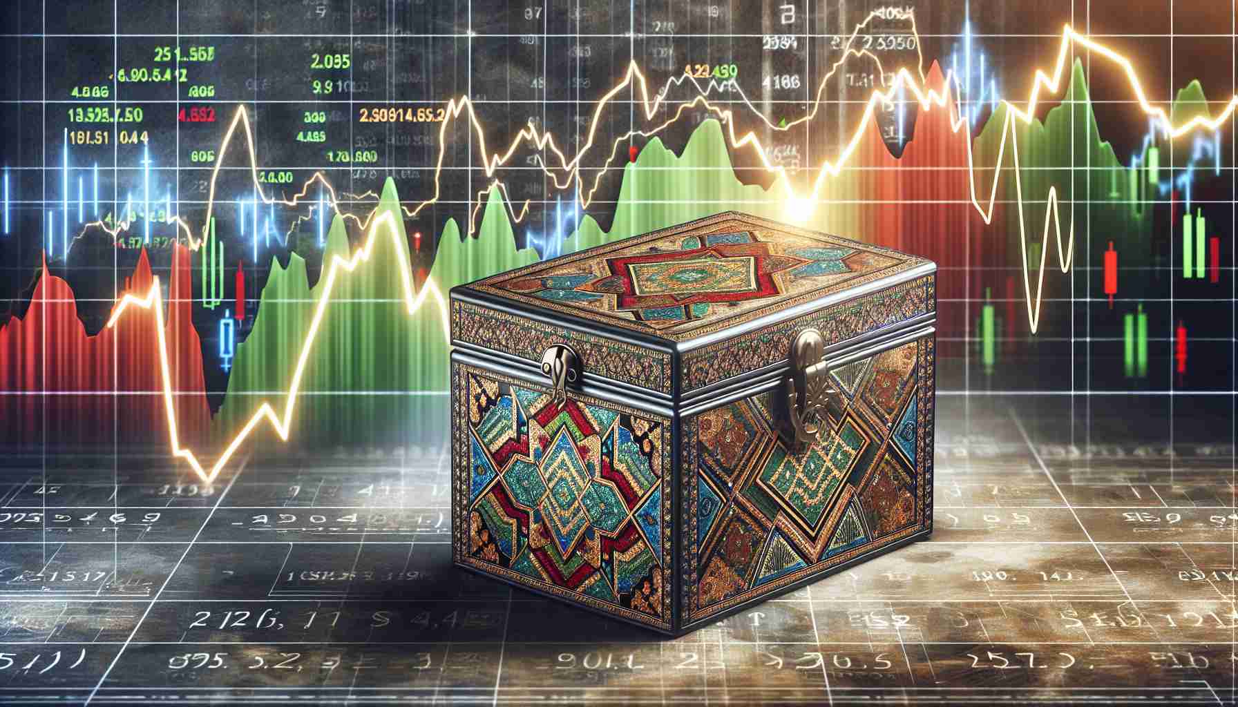 An HD quality, realistic image of a large, mysterious secret box covered with exotic patterns from the Middle East. In the background, there are symbolic representations of a fluctuating stock market with shaking graphs and numbers.