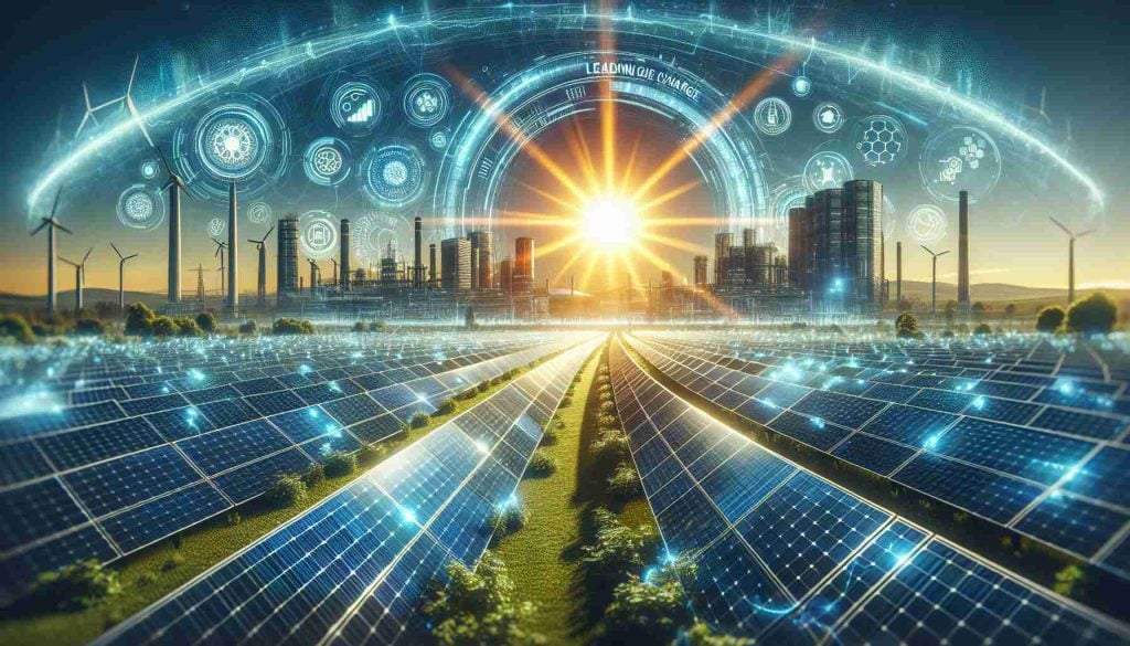 Generate an ultra high-definition, realistic image showcasing the revolution in solar technology. Depict a bright sun shining irradiating ray on a field of advanced solar panels. The solar panels should be visibly sophisticated, featuring the latest technology. Display a symbolic lead in this movement, represented by a high-tech company building in the background marked 'Leading the Charge'. Surround this scene with symbols of innovation and renewable energy - think clean, green, and sustainable. The overall feeling should be optimism and positive change.