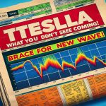 A detailed image of a news headline reading 'Tesla Stocks: What You Didn't See Coming! Brace for a New Wave'. The news paper texture should be visible, enhancing the realistic look. The paper has high contrast bold letters and vivid colours. The backdrop to the headline might include a graph illustrating dynamic change, implying a new wave or shift in stock values. Please use digital painting for the medium.