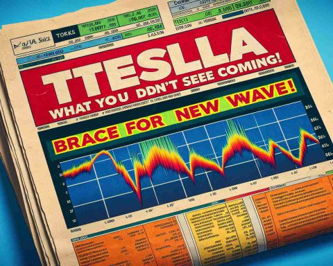 A detailed image of a news headline reading 'Tesla Stocks: What You Didn't See Coming! Brace for a New Wave'. The news paper texture should be visible, enhancing the realistic look. The paper has high contrast bold letters and vivid colours. The backdrop to the headline might include a graph illustrating dynamic change, implying a new wave or shift in stock values. Please use digital painting for the medium.