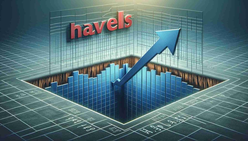 Create a detailed and realistic high-definition image that visualizes the concept of a drop in share price, symbolized by a distinct plummeting arrow on a share price graph. Emphasize a sense of depth to illustrate the phrase 'What lies beneath'. Incorporate a large, generic company logo in the background to represent 'The Havells Saga'. Ensure that all elements are creatively blended into a cohesive visual narrative.