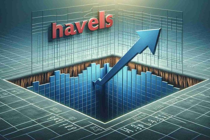 Create a detailed and realistic high-definition image that visualizes the concept of a drop in share price, symbolized by a distinct plummeting arrow on a share price graph. Emphasize a sense of depth to illustrate the phrase 'What lies beneath'. Incorporate a large, generic company logo in the background to represent 'The Havells Saga'. Ensure that all elements are creatively blended into a cohesive visual narrative.