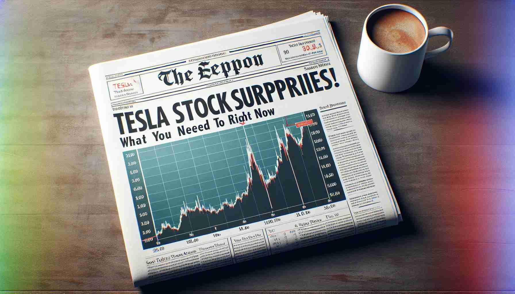 Realistic high-definition image of a newspaper headline stating 'The Tesla Stock Surprises! What You Need to Know Now', alongside a stock market graph that shows a significant change in Tesla's stock value.