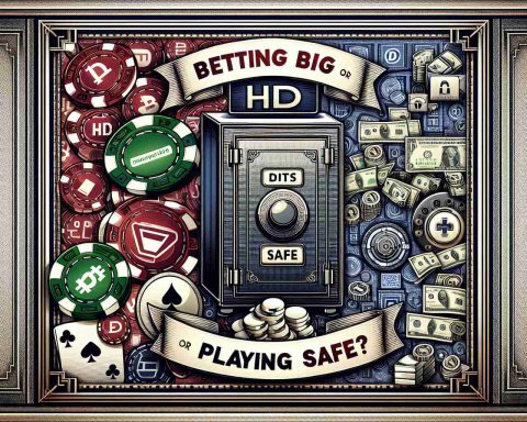 Generate an HD image that illustrates the concept of 'Betting Big or Playing Safe?' in the context of a digital currency exchange platform. The imagery should involve symbols of risk, chance, and safety, such as a poker chip and a traditional safe. All these elements come together to form a collage-like composition wrapped by a border with the title at the top. Note that the exchange platform must not have any specific branding.