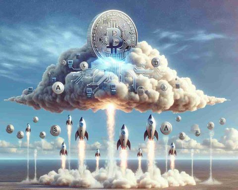 Create a high-definition, realistic image that symbolizes financial services soaring through the use of artificial intelligence. The upper section of the image shows a sky with beautiful, voluminous clouds. There is a large cloud in the center, shaped like a coin minted with computer chip patterns that represents digital currency. Surrounding this cloud are smaller clouds in various sizes, shaped like traditional banking symbols (safe, dollar sign, etc.). On the ground below, multiple rocket ships with AI emblems launch upwards, demonstrating the advancement of financial services powered by AI.