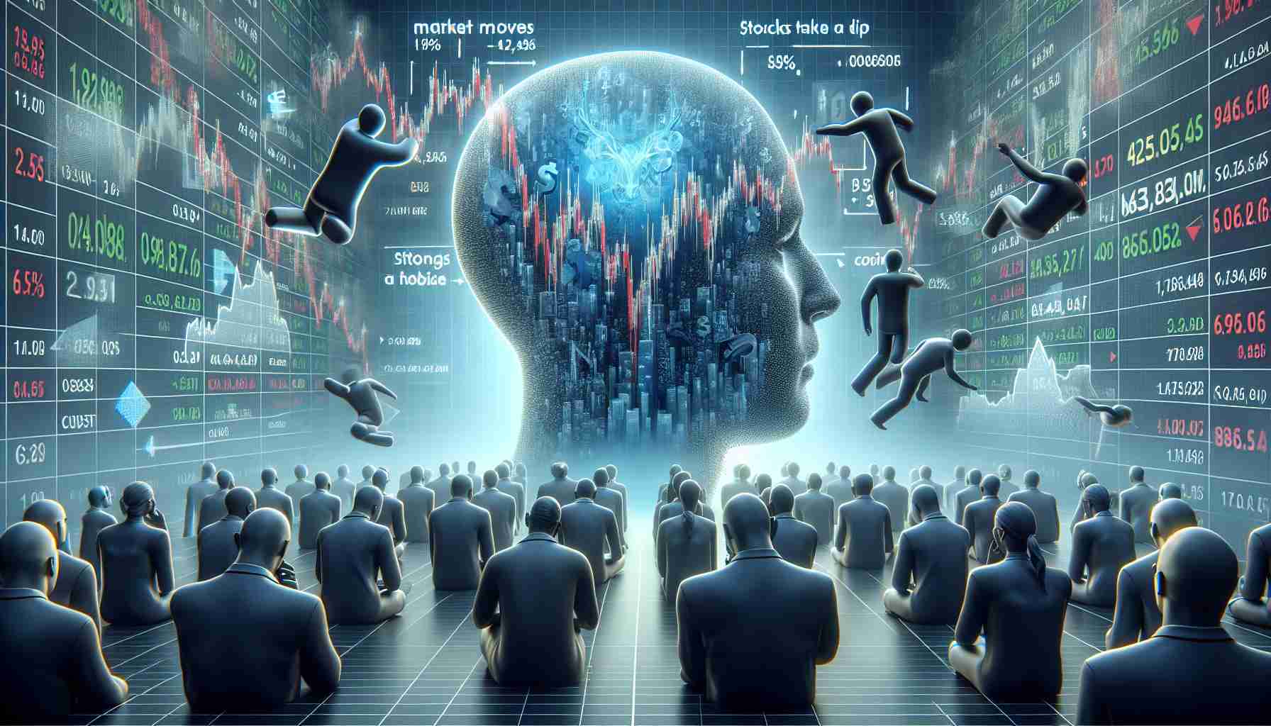 Generate a realistic high-definition image illustrating the concept of a financial market scenario. Show a metaphorical representation of heads turning as stocks symbolically interpreted as 'Coinbase' take a plunge. Include various figures in the role of market analysts, immersed in thought or discussing these changes. Make sure the scene is purposefully non-specific and does not reference any actual individuals or identifiable likenesses. Please include text elements such as 'Market Moves', 'Stocks Take a Dip', and 'Analysts Weigh In' to enhance the theme of the image.