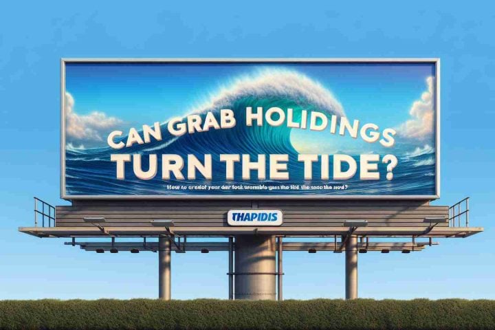 Generate a realistic HD image of the phrase 'Can Grab Holdings Turn the Tide?' appearing on a billboard under a clear blue sky.