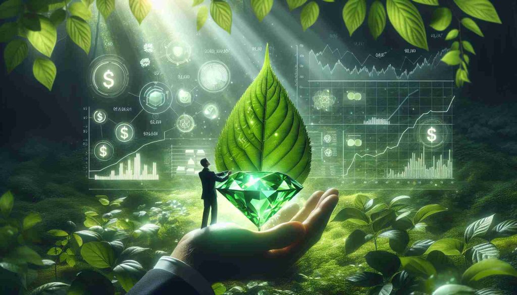 A high-definition, realistic image of the concept of 'unveiling hidden gems in green investment'. Show a metaphorical scene where a person is lifting a large, green leaf to reveal precious gems beneath. Tie in elements of finance such as graphs, charts, and dollar symbols subtly becoming visible. The whole setting is under sunlight diffusing through lush green foliage, hinting at a thriving natural environment.