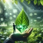 A high-definition, realistic image of the concept of 'unveiling hidden gems in green investment'. Show a metaphorical scene where a person is lifting a large, green leaf to reveal precious gems beneath. Tie in elements of finance such as graphs, charts, and dollar symbols subtly becoming visible. The whole setting is under sunlight diffusing through lush green foliage, hinting at a thriving natural environment.