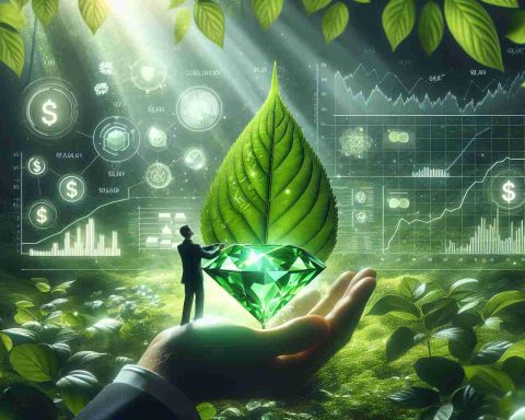 A high-definition, realistic image of the concept of 'unveiling hidden gems in green investment'. Show a metaphorical scene where a person is lifting a large, green leaf to reveal precious gems beneath. Tie in elements of finance such as graphs, charts, and dollar symbols subtly becoming visible. The whole setting is under sunlight diffusing through lush green foliage, hinting at a thriving natural environment.