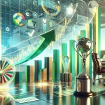 Generate a highly detailed and realistic HD image that symbolizes the success of a generic renewable energy company. The scene should depict soaring graphs and charts in a positive light, which could include upward-pointing arrow symbols, richly coloured pie charts showing an increase in market share, and line graphs indicating steady upward growth. The image could also include corporate success imagery such as a shining trophy or award, and a modern, green-energy focused office background with solar panels prominently displayed to emphasize the focus on renewable energy.