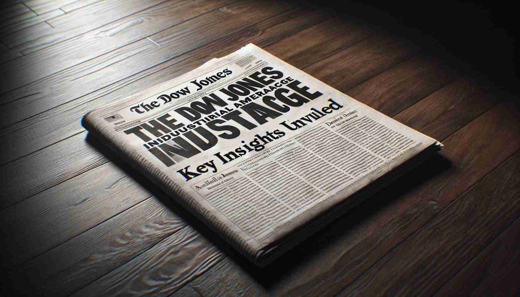 An image of a newspaper headline that reads 'The Dow Jones Industrial Average: A Fresh Shift? Key Insights Unveiled'. The newspaper lies on a dark, hardwood table. It is a crisp, high-definition image and the newspaper has an aura of realism with visible texture of the paper fibers. The grains of the dark wood table are clear and profound. The lighting is soft and comes from the top left corner, casting a light shadow under the newspaper.