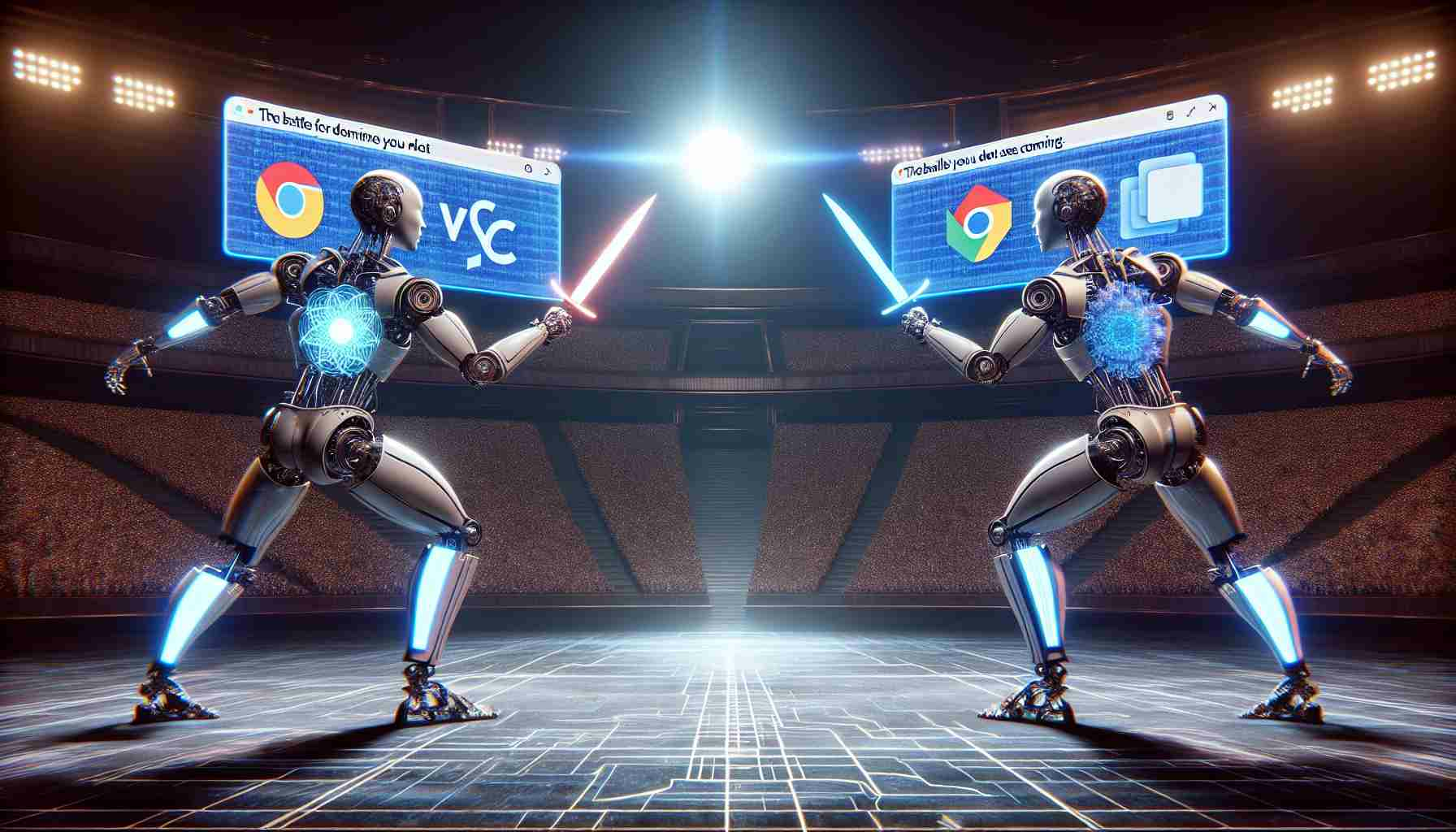 Generate a metaphorical representation of a showdown between two artificial intelligence systems, possibly presented as futuristic, robotic gladiators. One of the gladiators is represented by a visual motif referencing a search engine, and the other with a motif echoing a software operating system. The battleground is a detailed digital 3D coliseum, with anticipation of a battle hanging in the virtual air, and the title 'The Battle for Dominance You Did Not See Coming' is emblazoned across the top.