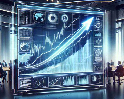 Generate a realistic HD presentation with the title 'Electric Company's Stock Surge! What Investors Need to Know Now', showcasing a soaring line graph representing an increase in stock value, with detailed analytical points and comments. Emphasize the surge with a steep upward curve on the graph. Place the line graph on a digital electronic screen for a modern financial look. Add a backdrop of a busy office space filled with financial professionals for context.