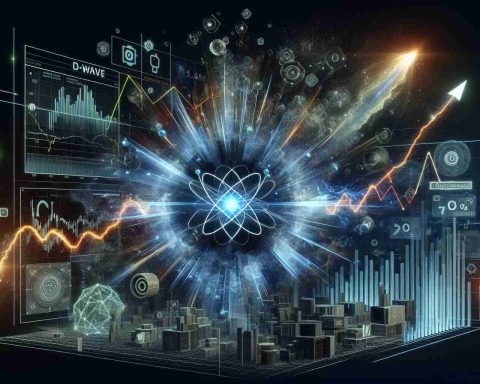 Create a high-resolution, realistic representation of a booming quantum stock market. Visualize a stylized chart showcasing explosive growth, with a company named D-Wave as the focal point. Incorporate elements indicative of the technology and quantum computing industries.