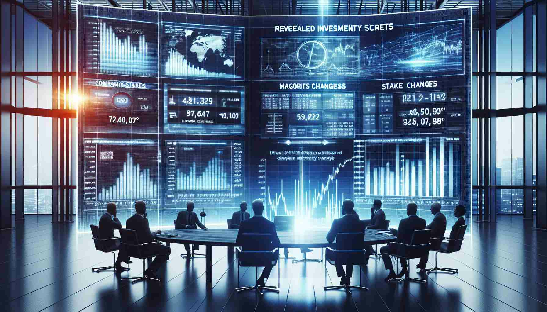A high-definition, realistic image demonstrating the concept of revealed investment secrets, specifically major stake changes in a hypothetical energy company. Picture the intense atmosphere of a stock exchange or a business meeting. A large LED screen in the background displaying messages about the significant alterations in company stakes, paired with figures and charts illustrating the drastic changes. Include people of various descents and genders engrossed in analyzing and discussing these profound revelations.