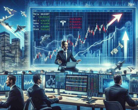 A realistic HD image illustrating the concept of a major surge in Tesla’s stock performance. It can feature elements such as a graph chart skyrocketing, some energetic Wall Street traders going big on their investments, computer screens displaying real-time data, all set in a bustling trading floor.