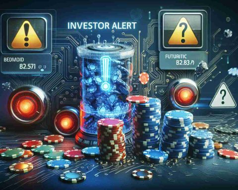 Create a high-definition, realistic image depicting an 'Investor Alert' for a tech company's bold, futuristic bet. The image should visually capture the potential risks involved with such a venture. It could depict elements like alarm signs, a futuristic technology concept, stacks of chips to symbolize the gamble, and question marks to represent the unknown risks.