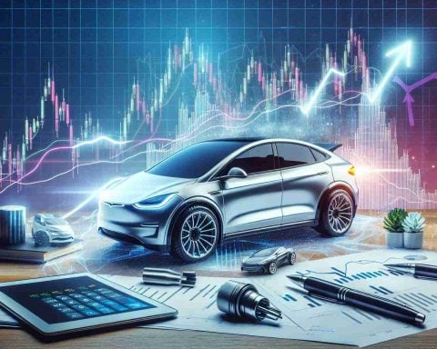 Create a high definition image that portrays the concept of a sudden increase in share value, symbolizing the unexpected growth of a fictional electric car manufacturer. Include elements such as stock graphs indicating a positive trend, electric cars, and perhaps an unexpected/unseen component that might have contributed to this rise.