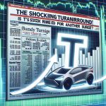 A high-definition, realistic representation of financial charts showing a significant turnaround trend. There's a particular focus on one company's stock, represented by a big T logo, likely an electric car company. Arrows are pointing upwards indicating a potential surge. Also include a headline text that reads 'The Shocking Turnaround! Is T's Stock Primed for Another Surge?'