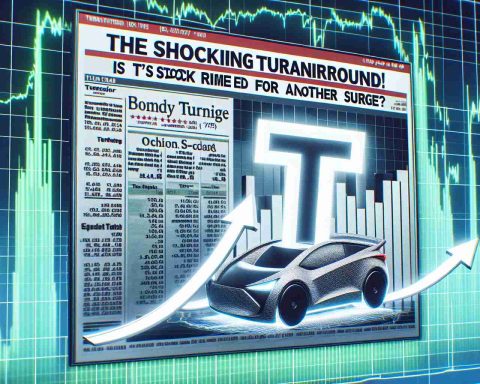 A high-definition, realistic representation of financial charts showing a significant turnaround trend. There's a particular focus on one company's stock, represented by a big T logo, likely an electric car company. Arrows are pointing upwards indicating a potential surge. Also include a headline text that reads 'The Shocking Turnaround! Is T's Stock Primed for Another Surge?'